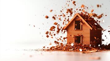 wooden house model is disintegrating, with debris flying around, creating dramatic scene of destruction. image captures chaos and fragility of structures photo
