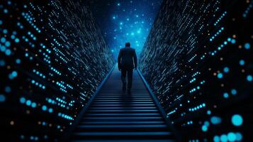 businessman walking up illuminated stairs in digital environment, symbolizing progress and success. scene is filled with blue lights and starry background, creating futuristic atmosphere photo