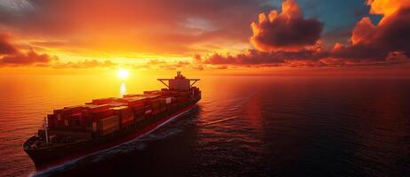 cargo ship with colorful container sail across ocean at sunset, creating stunning view of vibrant sky calm water photo
