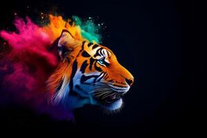 Colorful illustration of vibrant tiger with dynamic splash of colors, showcasing its fierce expression and striking features against dark background photo
