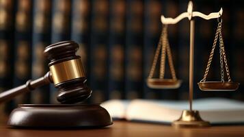 gavel and scales of justice on table in law office, symbolizing legal authority and fairness. background features law books, enhancing professional atmosphere photo