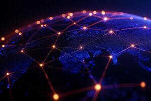 Digital world map with global connectivity and network visualization, showcasing illuminated nodes and lines representing data flow and communication across continents photo