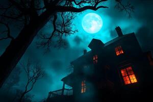 spooky Victorian house illuminated by eerie moonlight, surrounded by fog and dark trees, creates haunting atmosphere. glowing windows add to chilling effect photo