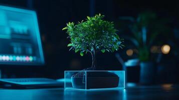 3D printer creating bonsai tree inside glass case, showcasing innovation and technology in design. scene highlights intricate details of printing process photo