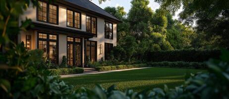 modern classic house with large windows surrounded by lush greenery, featuring well maintained lawn and serene atmosphere. warm light enhances inviting feel of home photo