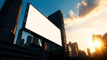 empty blank white billboard stands tall against vibrant city skyline at sunset, showcasing contrast between urban architecture and colorful sky photo