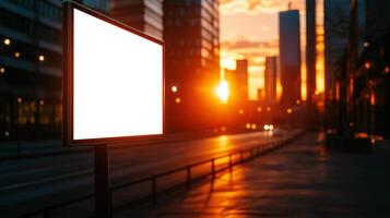 blank billboard stands in city center during sunset, surrounded by modern buildings and warm glow from setting sun. scene evokes sense of urban tranquility photo