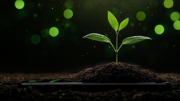 green seedling growing from soil on smartphone, symbolizing growth and technology. vibrant green leaves contrast with dark background, creating striking visual photo