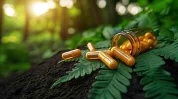 glass jar spills yellow capsules onto green leaves in serene garden. warm sunlight filters through trees, creating tranquil atmosphere photo