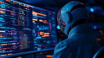 futuristic AI robot working on computer, analyzing data with vibrant visuals. scene captures essence of advanced technology and innovation in digital environment photo