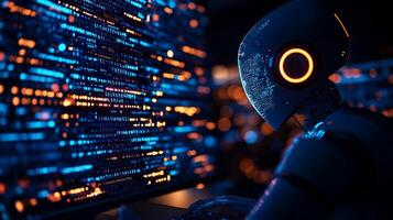 futuristic robot working on computer, surrounded by glowing data streams and holographic displays, showcasing advanced technology and innovation photo