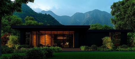 modern two story house in mountains, surrounded by lush greenery and illuminated by warm lights, creating serene and inviting atmosphere photo