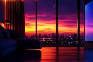modern living room with stunning sunset view, featuring cozy sofa and large windows. vibrant colors of sky create warm and inviting atmosphere photo