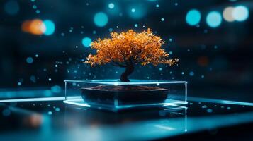 3D printer creating orange bonsai tree under blue lighting, showcasing intricate details and vibrant colors. scene evokes sense of innovation and artistry photo