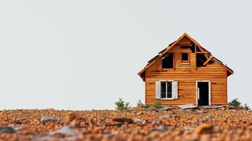 dilapidated wooden house with crumbling walls stands alone barren landscape, evoking sense of abandonment and decay. structure features broken windows and weathered exterior, surrounded by photo