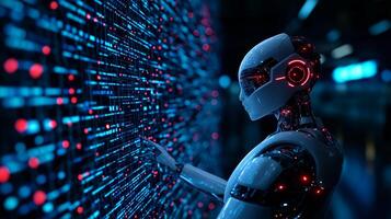 futuristic robot interacting with digital interface, showcasing advanced technology and artificial intelligence. scene is illuminated with vibrant blue and red lights, creating high tech photo