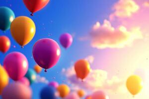 Colorful balloons floating in bright sky, creating joyful atmosphere. vibrant colors and soft clouds enhance cheerful scene, perfect for celebrations photo