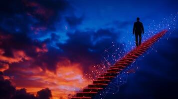 businessman walking up digital staircase towards success, surrounded by vibrant sunset and dramatic clouds, symbolizes ambition and progress photo