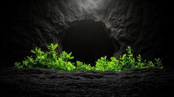 photorealistic rock cave entrance with vibrant green plants emerging from dark soil, creating striking contrast against rocky background photo