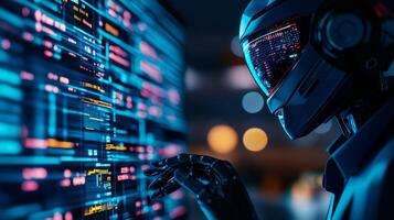 futuristic robot interacting with computer screen displaying vibrant holographic data. scene captures advanced technology and innovation in digital environment photo