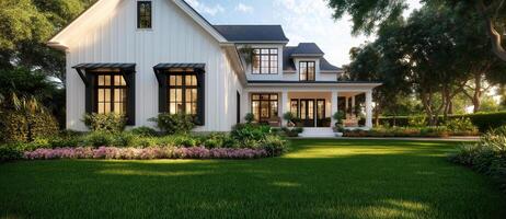 modern classic house with traditional features, surrounded by lush greenery and vibrant flowers, creating serene and inviting atmosphere photo