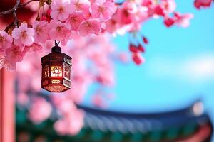 Blossoming cherry tree with pink flowers and decorative lantern against blue sky, creating serene and vibrant atmosphere photo