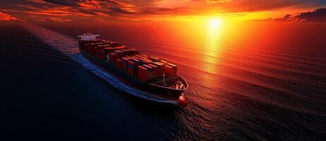 cargo ship with colorful container sail across ocean at sunset, creating stunning view of vibrant sky and calm water photo
