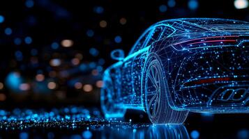 3D wireframe rendering of futuristic car illuminated with blue lights, showcasing digital hologram effect. background features blurred cityscape, enhancing modern aesthetic photo