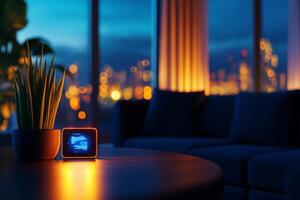 cozy smart home interior featuring glowing device on table, surrounded by plant and comfortable sofa. city skyline is visible through large windows, creating warm ambiance photo