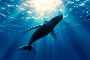 Humpback whale swimming gracefully in ocean, illuminated by sunlight filtering through water. serene underwater scene showcasing marine life photo