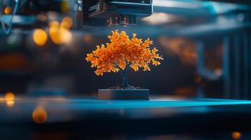 3D printer creating orange bonsai tree under blue lighting, showcasing intricate details and vibrant colors. scene captures fusion of technology and art in modern workspace photo