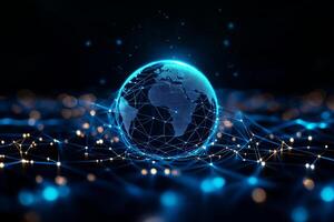 digital Earth hologram surrounded by glowing connections, representing global networking and technology. vibrant blue colors create futuristic atmosphere photo