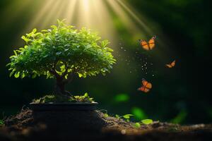 beautiful bonsai tree surrounded by butterflies in serene forest setting, illuminated by soft sunlight, creating magical atmosphere photo
