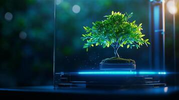 3D printer creating bonsai tree inside glass case, showcasing innovation and technology. vibrant green leaves contrast beautifully with modern design photo