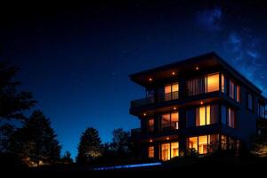 large modern villa with outdoor swimming pool illuminated at night, surrounded by trees and starry sky, creating serene and luxurious atmosphere photo