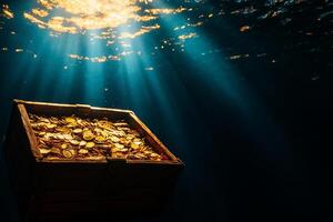 treasure chest filled with gold coins submerged in deep blue water, illuminated by sunlight filtering through surface, creating magical underwater scene photo