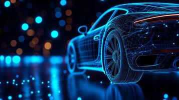 3D wireframe rendering of sports car with glowing lights, showcasing futuristic design and technology. vibrant blue and orange colors create dynamic atmosphere photo