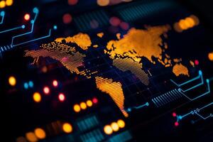 Abstract digital world map with glowing technology elements, showcasing global network. vibrant colors and intricate details evoke sense of innovation and connectivity photo