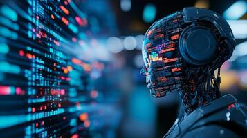 AI robot with headphones analyzing data on digital screen, showcasing advanced technology and futuristic design. vibrant colors and intricate patterns highlight its capabilities photo
