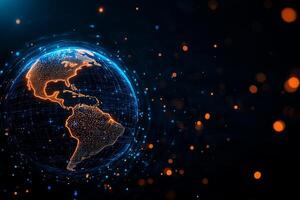 digital Earth hologram with glowing blue and orange elements, showcasing network of connections across continents. This futuristic representation highlights global connectivity and technology photo