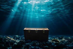 treasure chest resting on ocean floor, illuminated by sun rays filtering through water, creating serene underwater scene photo