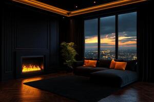 Luxurious modern living room with dark interior, large windows, and city view. Features cozy fireplace, stylish sofa, and warm lighting, creating serene atmosphere photo