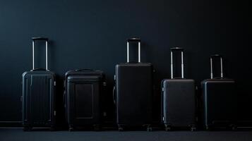 Black travel suitcases in various sizes lined up against dark background, showcasing sleek designs and sturdy wheels. Perfect for stylish travelers photo