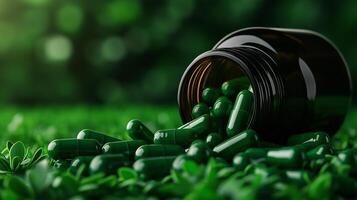 Green capsules spilled from dark bottle on lush green leaves, symbolizing health and wellness. vibrant colors create refreshing and organic atmosphere photo