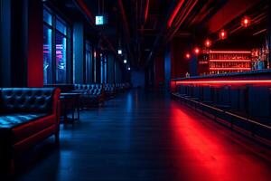 modern bar interior featuring sleek furniture and vibrant neon lights. atmosphere is inviting and stylish, with focus on illuminated bar area and comfortable seating photo