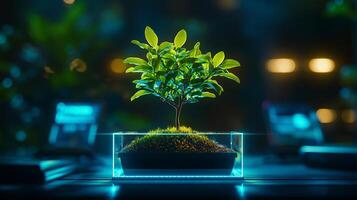 miniature bonsai tree in glass container, surrounded by vibrant greenery, showcases intricate details and serene atmosphere. soft lighting enhances beauty of plant photo