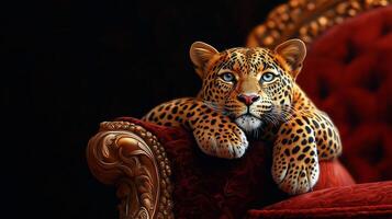 hyper realistic digital painting of leopard resting on luxurious red velvet chair, showcasing its striking features and vibrant fur patterns. dark background enhances elegance of scene photo