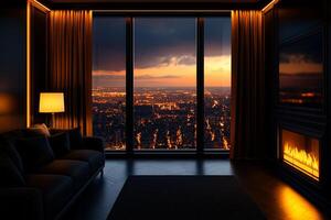 modern living room with stunning city view at sunset, featuring warm lighting, cozy sofa, and fireplace, creating luxurious and inviting atmosphere photo