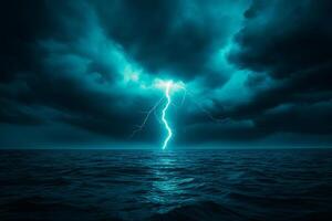 stunning photograph of dark stormy sea illuminated by lightning, showcasing power of nature. dramatic clouds and turbulent waters create intense atmosphere photo