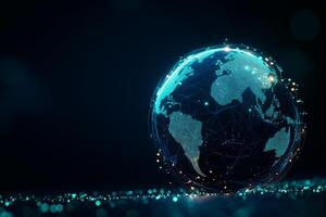 3D rendering of holographic Earth with digital map, showcasing interconnected networks and glowing lights. This represents global connectivity and technology photo